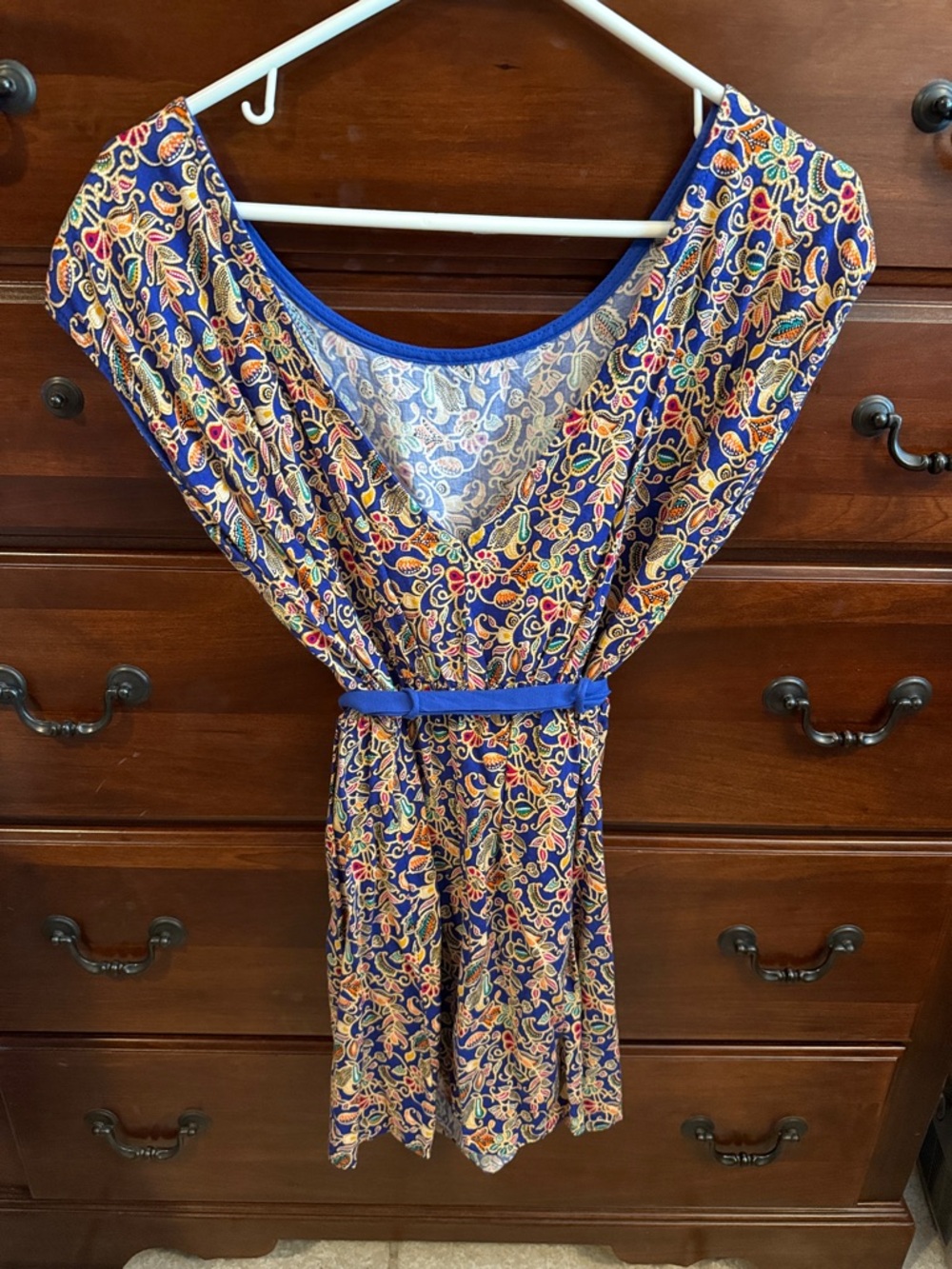 Colorful Floral Print Belted Dress - Blue, Yellow, Red - Picture 3 of 3
